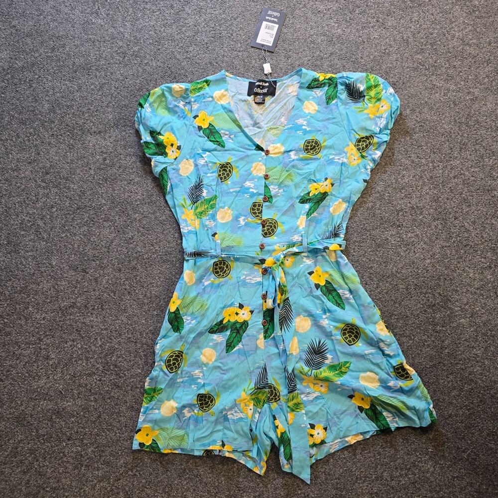 ModCloth Collectif Romper Womens Size 10 Blue Turtles Tropical Belted Casual